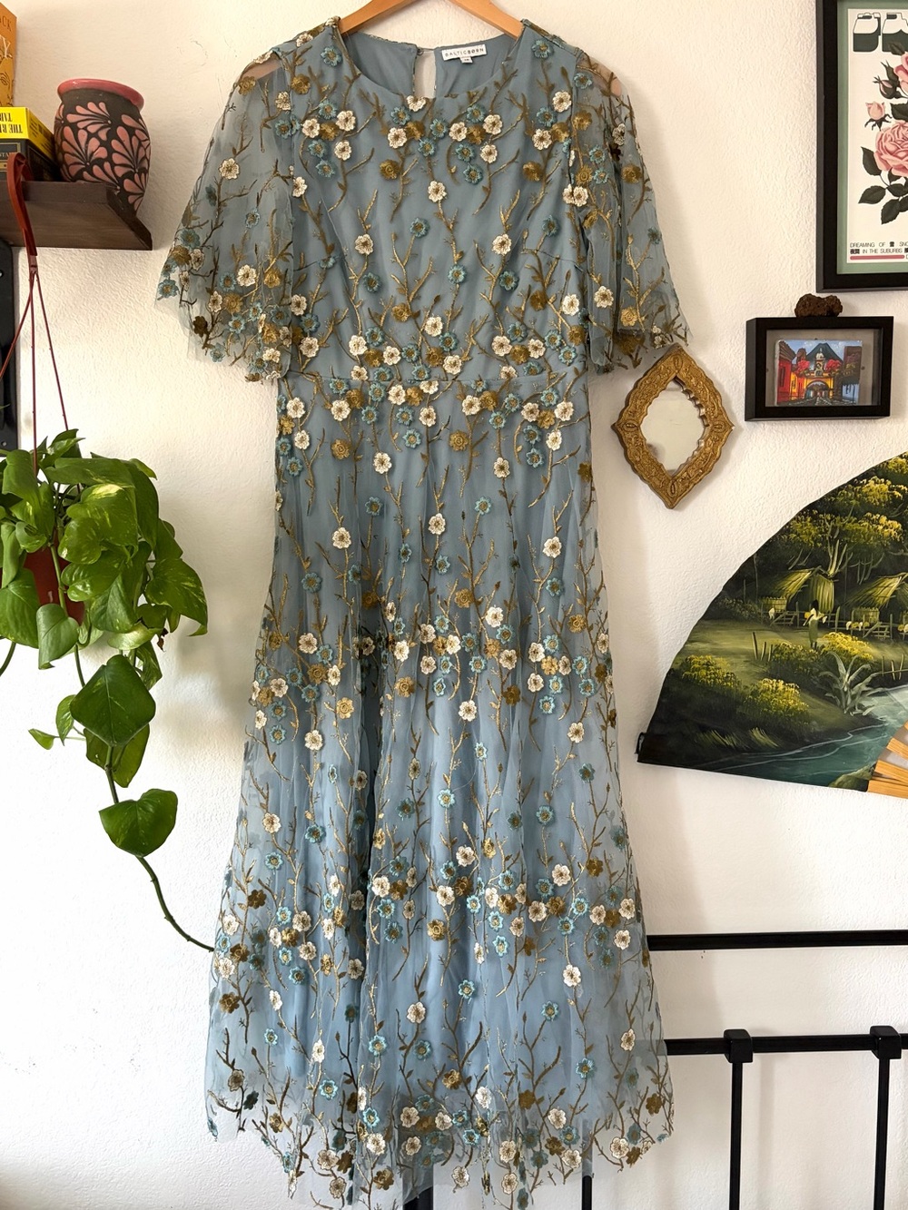 Boho Cottagecore Arabella Embroidered Tulle Maxi Dress Floral Dusty Blue Medium